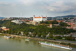View at the castle and Parliament at Bratislava (Pressburg) on the river Danube , Slovakia , Europe