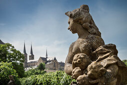 topless stone sculpture of woman in rose garden of new residence views at monastry at Michelsberg, Bamberg, Frankonia Region, Bavaria, Germany, UNESCO World Heritage