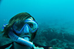Young man snorkeling underwater, Sao Tome, Sao Tome and Principe, Africa