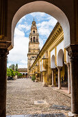 The belltower of the cathedral Mezquita-Catedral de Cordoba, framed by the archway, Cordoba, Andalusia, Spain
