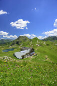 Hut Tulisunahuette with lake Tilisunasee and Tilisuna-Seehorn, Raetikon, Vorarlberg, Austria