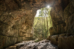 die Finkensteiner Höhle bei Bad Urach, Landkreis Reutlingen, Schwäbische Alb, Baden-Württemberg, Deutschland