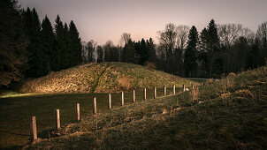 celtic burial mound at open air museum Heuneburg, celtic settlement Pyrene, Hundersingen urban district of Herbertingen, Sigmaringen district, Swabian Alb, Baden-Wuerttemberg, Germany, lightpainting