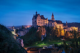 Sigmaringen Castle located is located on a huge rock next to the Danube river, Sigmaringen district, Upper Danube Valley, Swabian Alb, Baden-Wuerttemberg, Germany