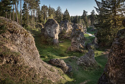 bizarre rock formations at the Wen Valley, the Wen Valley is a typical dry valley north west of Steinheim at Albuch at the plateau of the Swabian Alb, Heidenheim district, Swabian Alb, Baden-Wuerttemberg, Germany