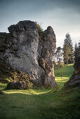 bizarre rock formations at the Wen Valley, the Wen Valley is a typical dry valley north west of Steinheim at Albuch at the plateau of the Swabian Alb, Heidenheim district, Swabian Alb, Baden-Wuerttemberg, Germany