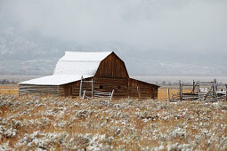 Scheune in den Antelope Flats , Wintereinbruch , Grand Teton National Park , Wyoming , U.S.A. , Amerika