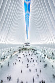the Oculus, view down at passengers, futuristic train station by famous architect Santiago Calatrava next to WTC Memorial, Manhattan, New York City, USA, United States of America