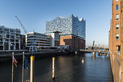 Hamburgs neue Elbphilharmonie und Hafencity am Sandtorkai, moderne Architektur in Hamburg, Hamburg, Nordeutschland, Deutschland