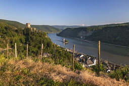 Blick ins Obere Mittelrheintal mit Burg Pfalzgrafenstein im Rhein und Burg Gutenfels oberhalb, bei Kaub, Rheinland-Pfalz, Deutschland, Europa