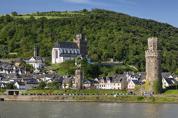 View over the Rhine to Oberwesel, Upper Middle Rhine Valley, Rheinland-Palatinate, Germany, Europe