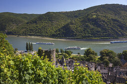 View at the Rhine and the old town of Bacharach, Upper Middle Rhine Valley, Rheinland-Palatinate, Germany, Europe