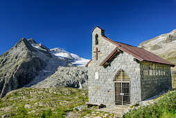 Chapel with Lobbia Alta in background, hut rifugio Madron, Adamello-Presanella Group, Trentino, Italy