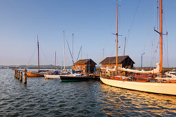 Boats in the harbour, Gager, Moenchgut peninsula, Ruegen, Baltic Sea, Mecklenburg-West Pomerania, Germany