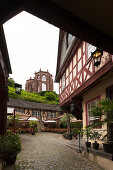 Old post station, view to Wernerkapelle, Bacharach, Rhine river, Rhineland-Palatinate, Germany