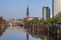 Canal Zollkanal with tower of St. Catharine's Church, Hanseatic City Hamburg, Northern Germany, Germany, Europe