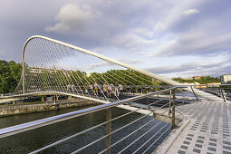 Zubizuri footbridge across Nervion River, Architect Santiago Calatrava, Campo Volantin Bridge,  Bilbao, Spain