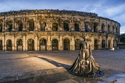 Sculpture of Nimeno II, The Roman amphitheatre, Arena, , bullfighter,  Nimes, Gard Department, Languedoc-Roussilon, France