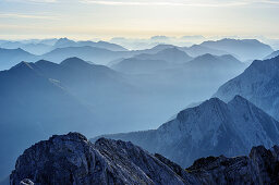 Mountain silhouettes of Karwendel range, Rofan and Kaiser range, from Oestliche Karwendelspitze, Natural Park Karwendel, Karwendel range, Tyrol, Austria