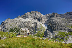 Zsigmondy-Hütte vor Elferkofel, Zsigmondy-Hütte, Sextener Dolomiten, Dolomiten, UNESCO Weltnaturerbe Dolomiten, Südtirol, Italien