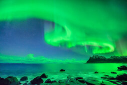 Aurora borealis, Aurora above beach and Northern Atlantic Ocean, Lofoten, Norland, Norway