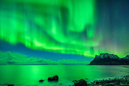 Aurora borealis, Aurora above beach and Northern Atlantic Ocean, Lofoten, Norland, Norway