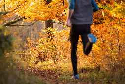 Young man running through a colorful autumn forest, Allgaeu, Bavaria, Germany