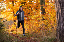 Junger Mann rennt durch einen herbstlich bunten Wald, Allgäu, Bayern, Deutschland