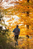 Young man running through a colorful autumn forest, Allgaeu, Bavaria, Germany