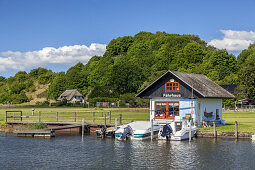 View from Baabe Bollwerk to boats and houses of Moritzdorf, Baltic resort Baabe, Island Ruegen, Moenchgut, Baltic Sea coast, Mecklenburg-Western Pomerania, Northern Germany, Germany, Europe