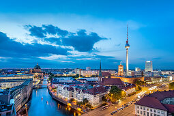 Overview, Berlin Dom, Spree River, Nikolai Quarter and Television tower, Berlin, Germany