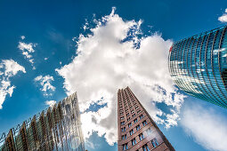 Skysrapers at Potsdamer Platz towards the sky, Berlin, Germany