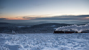 Sunset and Brocken Railway, Winter landscape, Schierke, Brocken, Harz national park, Saxony, Germany