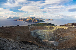 Panoramic view from the crater of Vulcano to Salina, Lipari and Panarea, Vulcano, Lipari Islands, Aeolian Islands, Tyrrhenian Sea, Mediterranean Sea, Italy, Europe