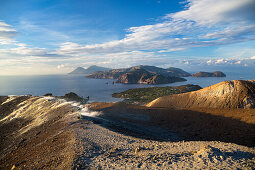 Panoramic view from the crater of Vulcano to Salina and Lipari, Vulcano, Lipari Islands, Aeolian Islands, Tyrrhenian Sea, Mediterranean Sea, Italy, Europe