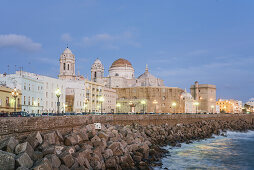 Cityscape of Cadiz, baroque cathedral, Paseo Campo del Sur, twilight,  Andalucia, Spain