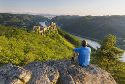 One person, castle ruins Aggstein, Danube, Wachau, Lower Austria, Austria