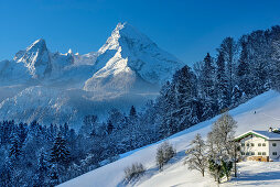 Bauernhof vor Kleiner Watzmann, Watzmannkinder und Watzmann, Maria Gern, Berchtesgadener Alpen, Oberbayern, Bayern, Deutschland