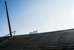 Steps of the new Elbe promenade with view of the Elbphilharmonie, Hamburg, Germany