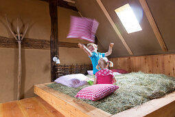 Holiday in the countryside, farm, farm house Bauernkate, children, pillow fight in hay bed, Biosphere Reserve Schaalsee, Mecklenburg lake district, MR, Klein Thurow, Mecklenburg-West Pomerania, Germany, Europe