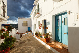 alley with blue door, Frigiliana, pueblo blanco, white village, Malaga province, Andalucia, Spain, Europe