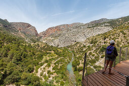 hiker on a viewing platform, Caminito del Rey, via ferrata, hiking trail, gorge, Rio Guadalhorce, river, Desfiladero de los Gaitanes, near Ardales, Malaga province, Andalucia, Spain, Europe