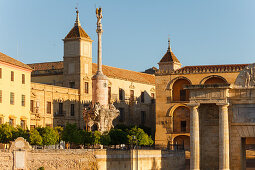 El Triunfo, column with statue of San Rafael, patron saint of Cordoba, Plaza Vallinas with Puerta del Punte, Triumphal Arch, historic centre of Cordoba, UNESCO World Heritage, Cordoba, Andalucia, Spain, Europe