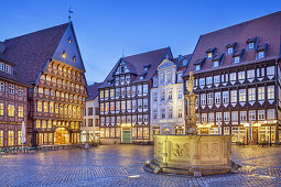 Marketplace with the famous 'Knochenhaueramtshaus', a half-timbered building, in the old town of Hildesheim, Lower Saxony, Northern Germany, Germany, Europe