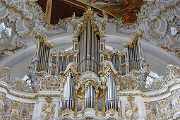 Organ and choir, Welfenmuenster, Steingaden, Pfaffenwinkel, Upper Bavaria, Bavaria, Germany