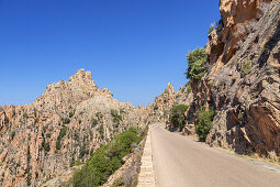 Small road in the Calanche, west coast between Porto and Piana, West Corsica, Corsica, Southern France, France, Southern Europe, Europe