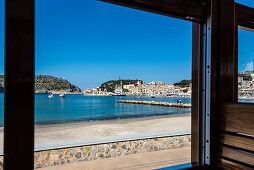 View out of the ancient tram between Port de Sóller and Sóller at the harbour, Port de Sóller, Mallorca, Spain