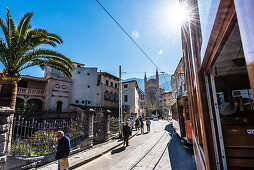 View out of the ancient tram at the parish church Saint Bartholomäus in the old town, Sóller, Mallorca, Spain