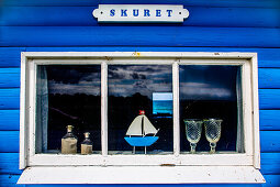 Hygge, window with ornaments, beach huts on Vester Beach, Aeroskobing, Isle of Aero, Denmark