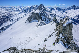 Drei Personen auf Skitour steigen vom Gipfel des Grundschartners ab, Grundschartner, Zillertaler Alpen, Tirol, Österreich